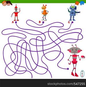 Cartoon Illustration of Lines Maze Puzzle Activity Game with Funny Robots Characters