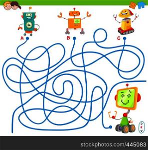 Cartoon Illustration of Lines Maze Puzzle Activity Game with Funny Robots or Droids Characters