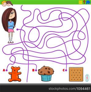 Cartoon Illustration of Lines Maze Puzzle Activity Game with Girl Character and Sweet Food Objects