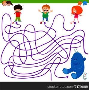 Cartoon Illustration of Lines Maze Puzzle Activity Game with Kids and Toy