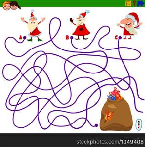 Cartoon Illustration of Lines Maze Puzzle Activity Game with Santa Claus Christmas Characters and Sack of Presents