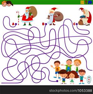 Cartoon Illustration of Lines Maze Puzzle Activity Game with Santa Claus Christmas Characters and Children Group