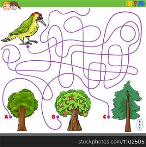 Cartoon Illustration of Lines Maze Puzzle Activity Game with Woodpecker Bird Animal Character and Trees