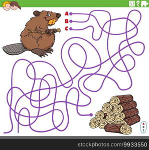 Cartoon illustration of lines maze puzzle game with beaver character and wood logs