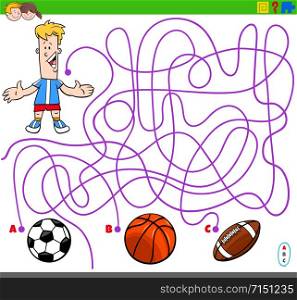 Cartoon Illustration of Lines Maze Puzzle Game with Boy Character and Balls Sport Objects