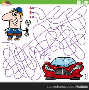 Cartoon illustration of lines maze puzzle game with car mechanic character and broken car