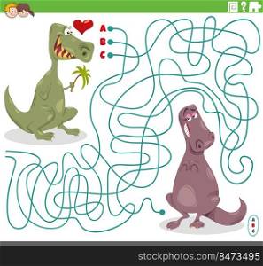Cartoon illustration of lines maze puzzle game with comic dinosaur in love