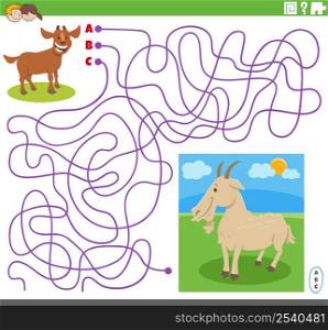 Cartoon illustration of lines maze puzzle game with comic goat character and little kid