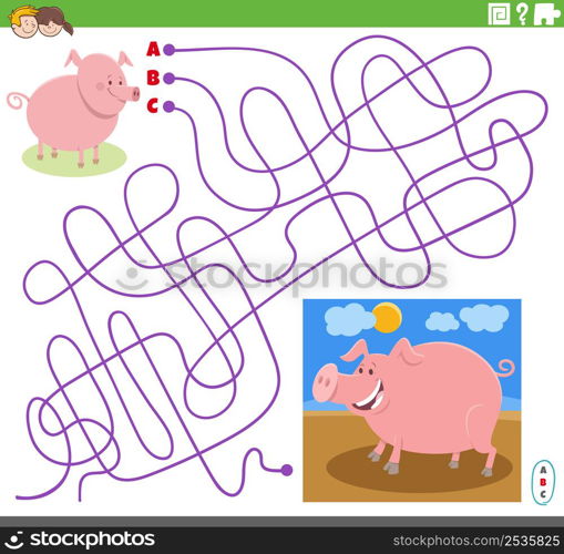 Cartoon illustration of lines maze puzzle game with comic pig character and piglet