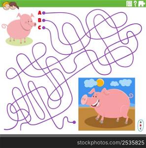 Cartoon illustration of lines maze puzzle game with comic pig character and piglet