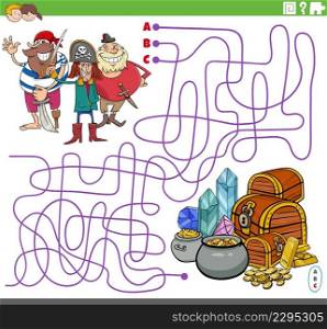 Cartoon illustration of lines maze puzzle game with comic pirates characters and treasure