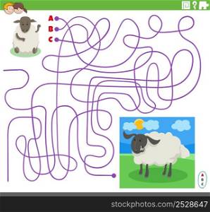 Cartoon illustration of lines maze puzzle game with comic sheep character and lamb