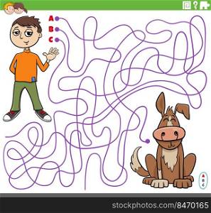Cartoon illustration of lines maze puzzle game with comic teen boy character and his dog