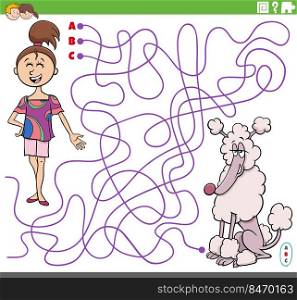 Cartoon illustration of lines maze puzzle game with comic teen girl character and her dog