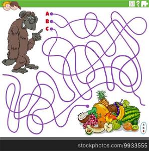 Cartoon illustration of lines maze puzzle game with gorilla character and fruits