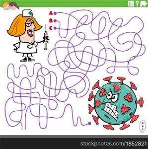 Cartoon illustration of lines maze puzzle game with nurse character with vaccine and virus