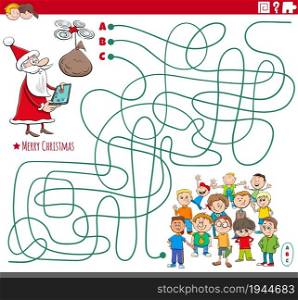Cartoon illustration of lines maze puzzle game with Santa Claus character and children group on Christmas time