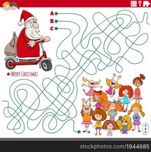 Cartoon illustration of lines maze puzzle game with Santa Claus character on scooter and children group on Christmas time