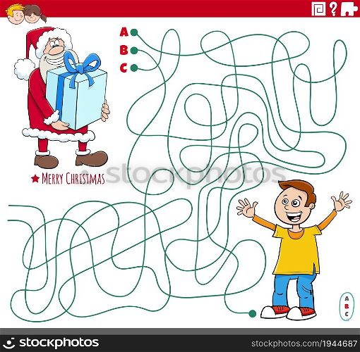 Cartoon illustration of lines maze puzzle game with Santa Claus character with big present and happy boy on Christmas time