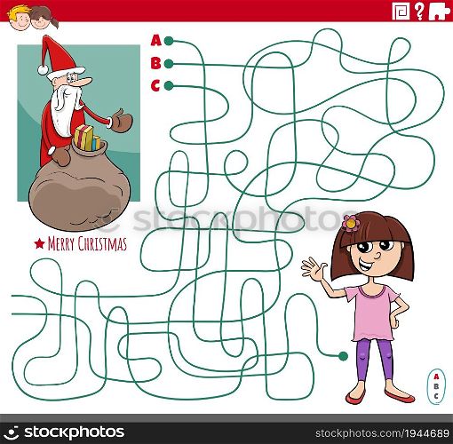 Cartoon illustration of lines maze puzzle game with Santa Claus character with sack of present and happy girl on Christmas time
