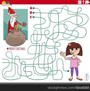 Cartoon illustration of lines maze puzzle game with Santa Claus character with sack of present and happy girl on Christmas time