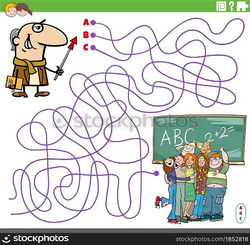 Cartoon illustration of lines maze puzzle game with teacher character and students in classroom