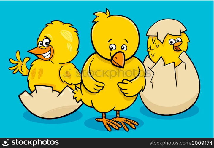 Cartoon Illustration of Little Chickens Characters Hatching from Eggs