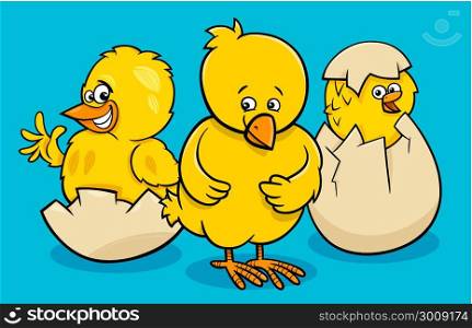 Cartoon Illustration of Little Chickens Characters Hatching from Eggs