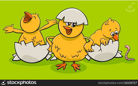 Cartoon Illustration of Little Chicks Characters Hatching from Eggs