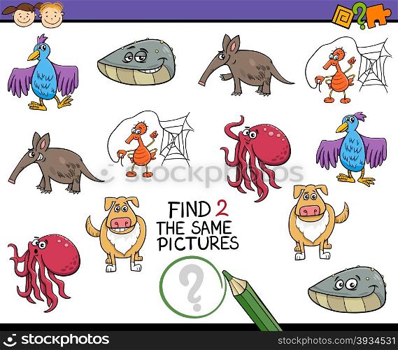 Cartoon Illustration of Looking for the Same Picture Educational Task for Preschool Children with Animal Characters