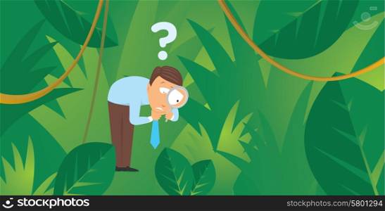 Cartoon illustration of lost businessman following a trail in the jungle searching for emerging market