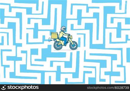 Cartoon illustration of lost delivery boy stranded in maze