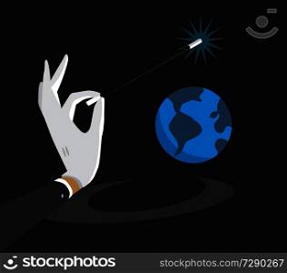 Cartoon illustration of magic wand enchanting tiny planet earth