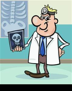 Cartoon Illustration of Male Medical Doctor in Hospital with X-ray Picture of Human Skull