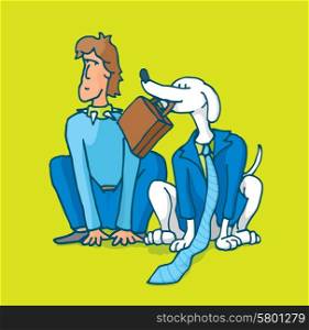 Cartoon illustration of man and dog friends sitting together swap places