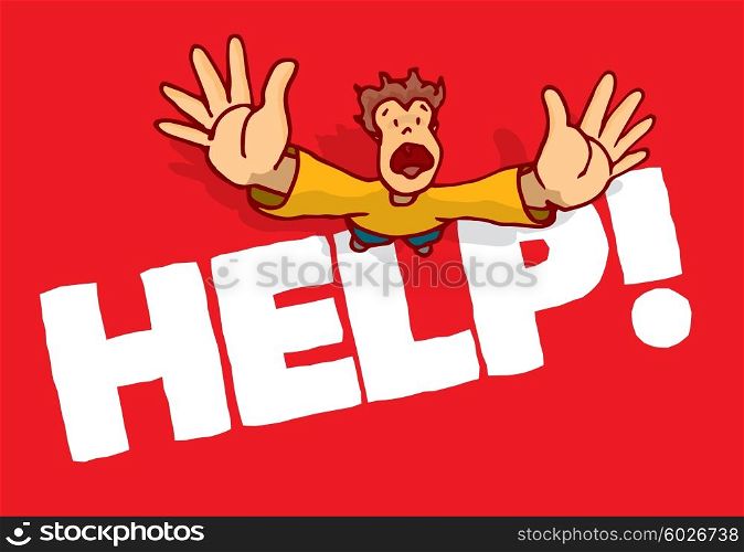 Cartoon illustration of man begging for help with open hands