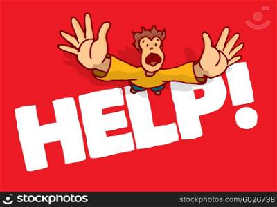 Cartoon illustration of man begging for help with open hands