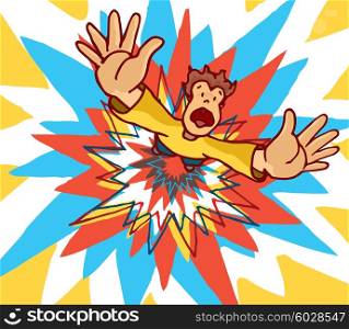 Cartoon illustration of man blown away by huge colorful explosion