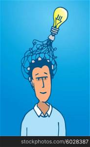 Cartoon illustration of man connecting his brain into a light bulb idea