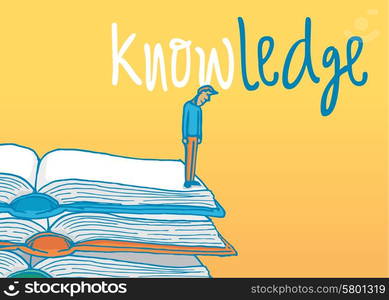 Cartoon illustration of man faceing knowledge standing on some books