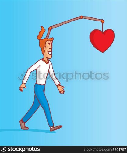 Cartoon illustration of man following his own heart and emotions