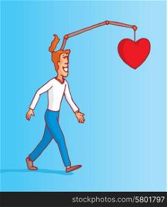 Cartoon illustration of man following his own heart and emotions