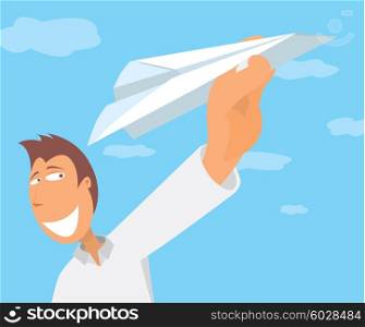 Cartoon illustration of man holding a paper plane taking off