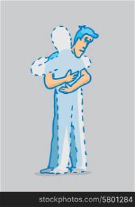 Cartoon illustration of man hugging a missing person or ghost