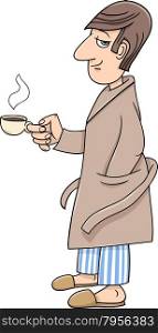 Cartoon illustration of Man in Bathrobe with Cup of Coffee