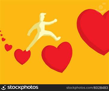 Cartoon illustration of man in love jumping between hearts