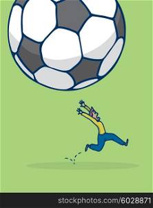 Cartoon illustration of man in panic running from huge soccer ball