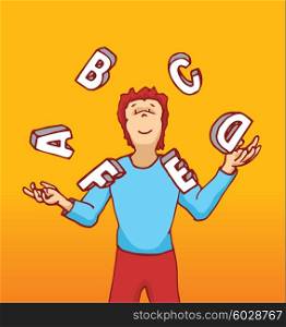 Cartoon illustration of man juggling letters playing with education or alphabet