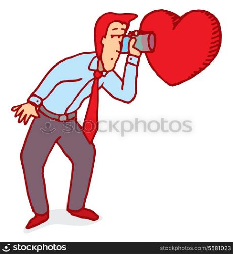 Cartoon illustration of man listening closely his heart