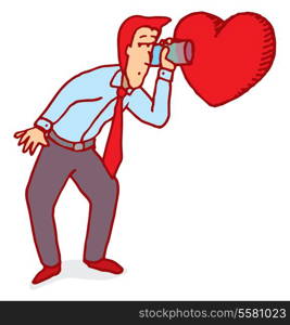 Cartoon illustration of man listening closely his heart